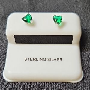 Sterling Silver Heart Emerald Green Stud Earrings